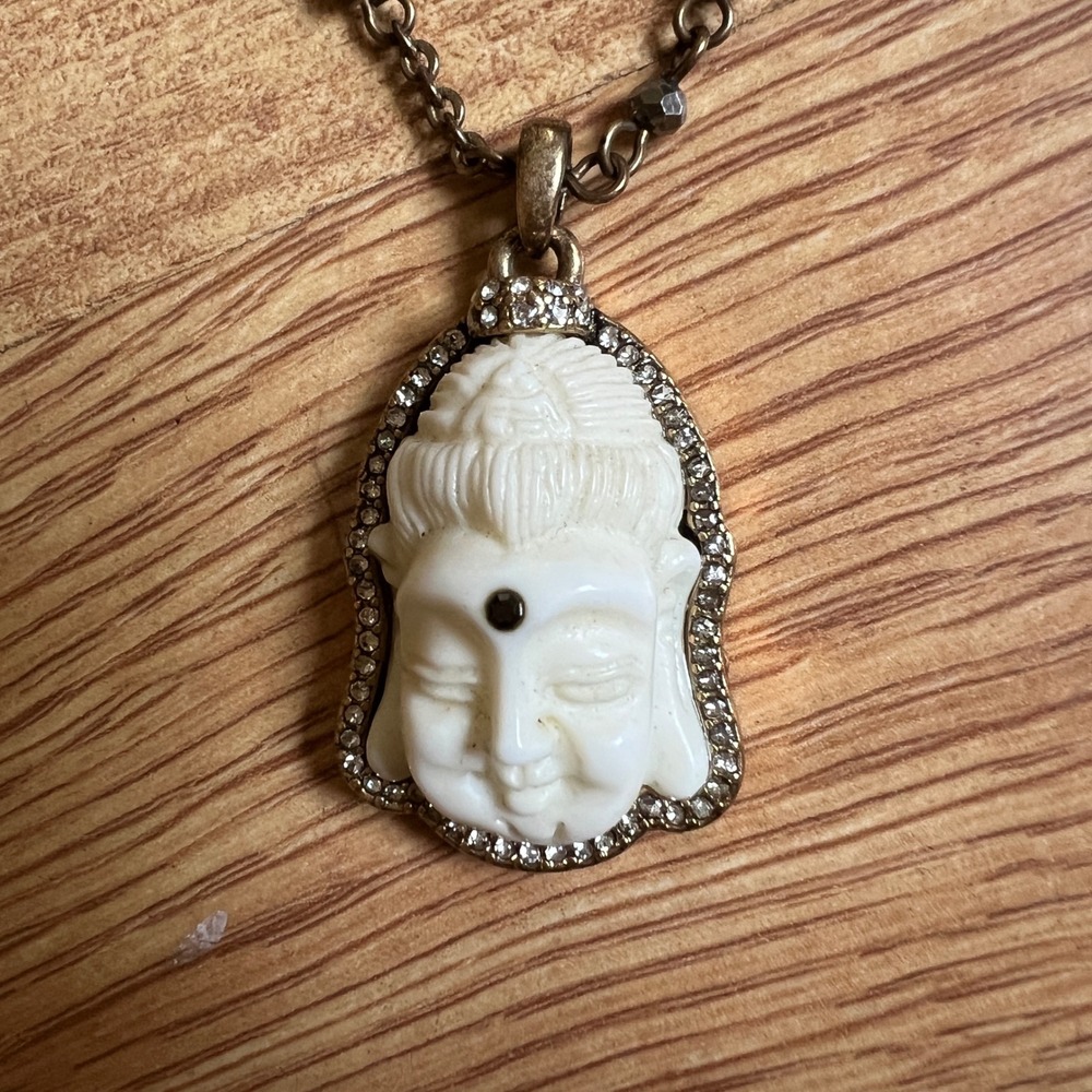 Lucky Brand Buddha Head Pendant Necklace Rhinestone Halo Bronze Beaded Chain 30"